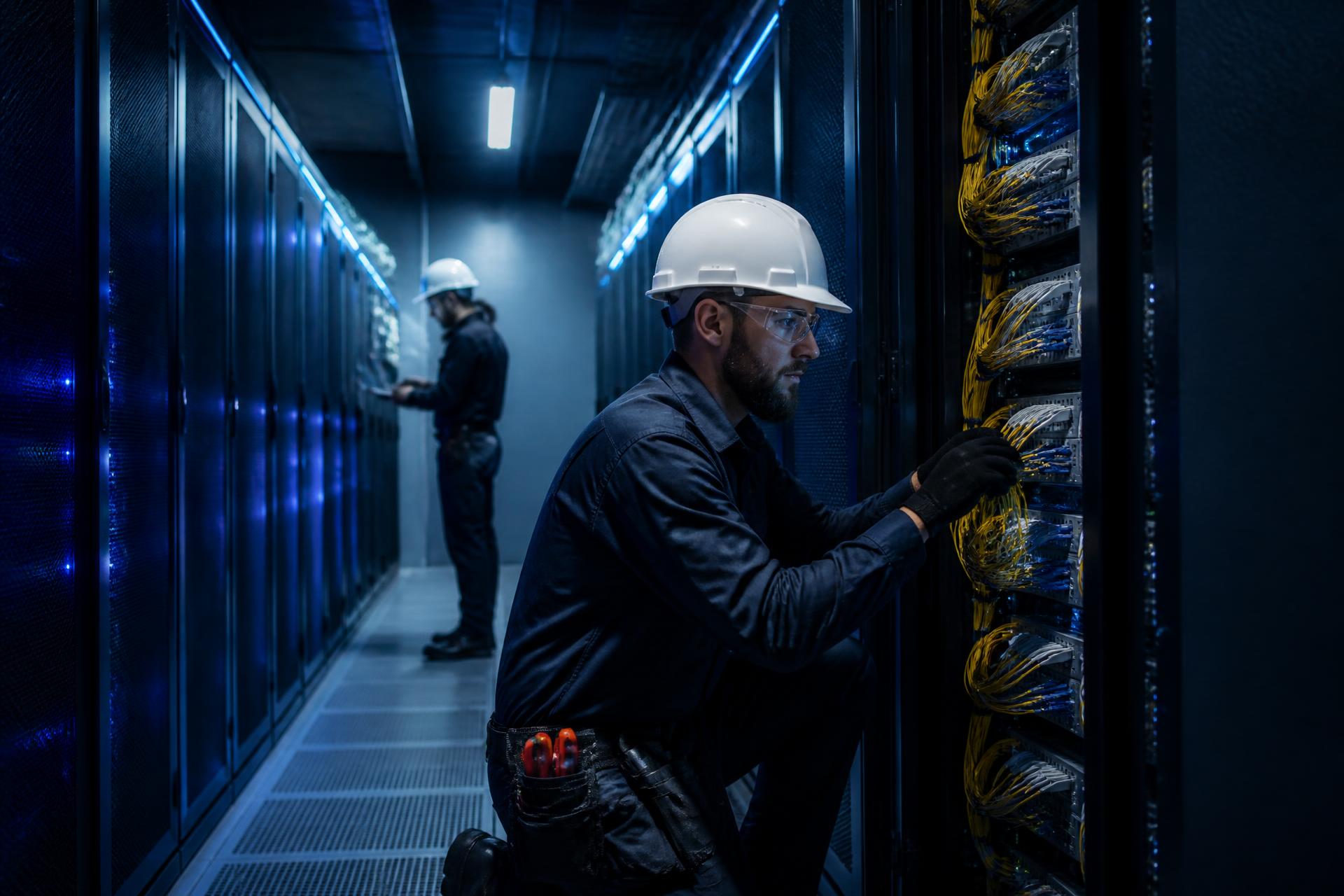 Technicians installing structured cabling in a modern data center